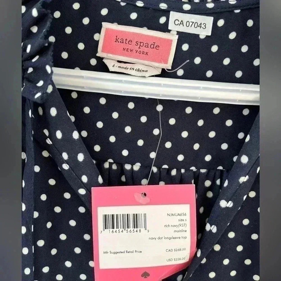 [S]Kate  Spade Dark Navy Blue Polka Dot LS Blouse - Picture 7 of 13